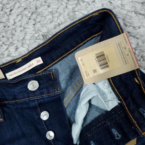 Levi's Ribcage Straight Ankle Stretch Jeans Dark Wash Blue Size 26x27 Ripped - Picture 5 of 9